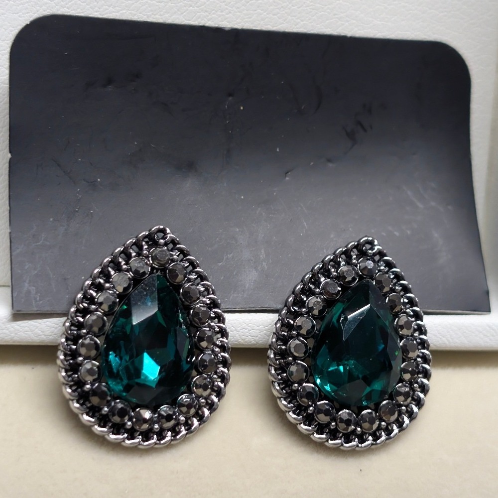 New‎ Earrings Women Green Teardrop Tear Drop Halo Rhinestone Silver Tone Studs